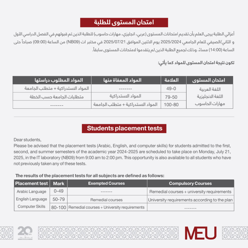 امتحان المستوى للطلبة