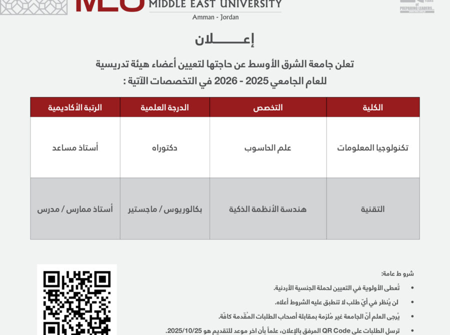 اعلان شواغر – وظائف اكاديمي 2025 06 10