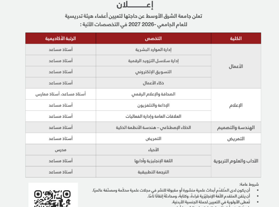 اعلان شواغر – وظائف اكاديمي 2 تموز 2026