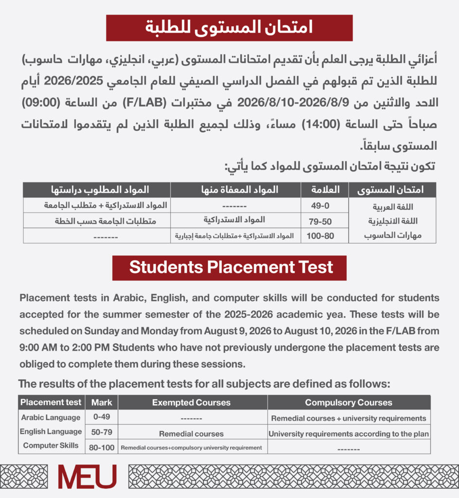 امتحان مستوى لطلبة الصيفي